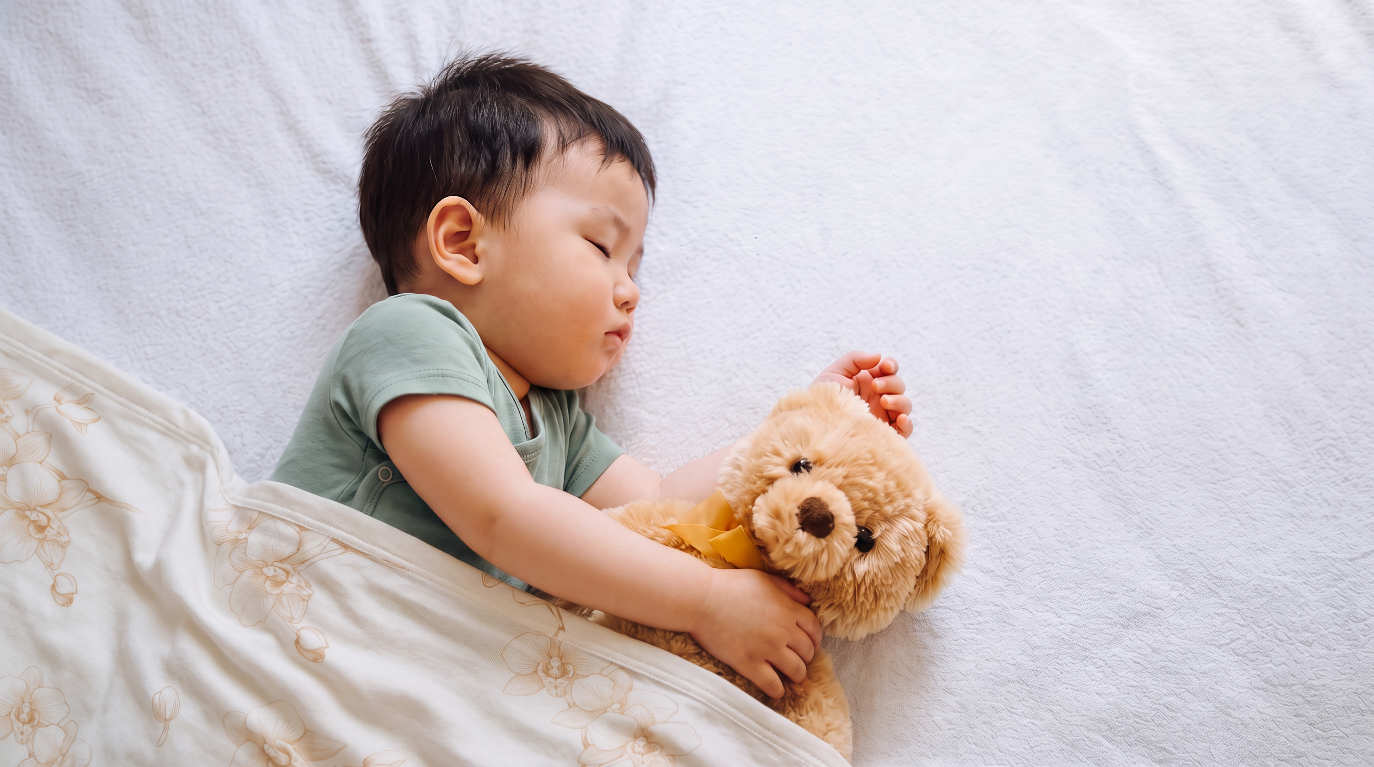 A sleeping young child in a light green shirt lies in bed under a cream floral blanket, holding a brown plush teddy bear.